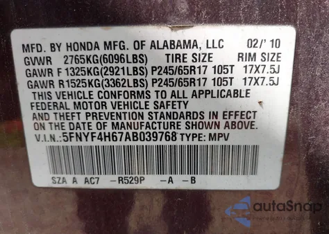 2010 Honda Pilot Ex-L from USA, damaged, VIN 5FNYF4H67AB039768